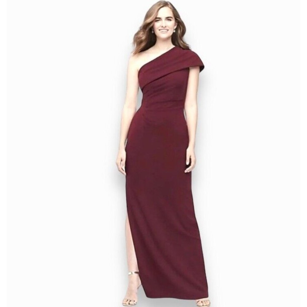 Womens DB Studio Burgundy Red One Shoulder Lined Floor Length Dress Slit 14 $119